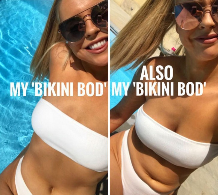 En publiant ce montage "moi en bikini", par exemple, elle n'a pas honte de révéler que sur les deux photos il s'agit du même corps !