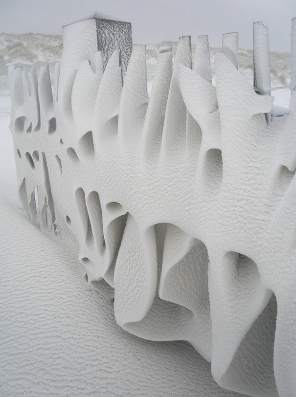 Une grille décorée par la neige sur l'île néerlandaise de Terschelling : incroyable !