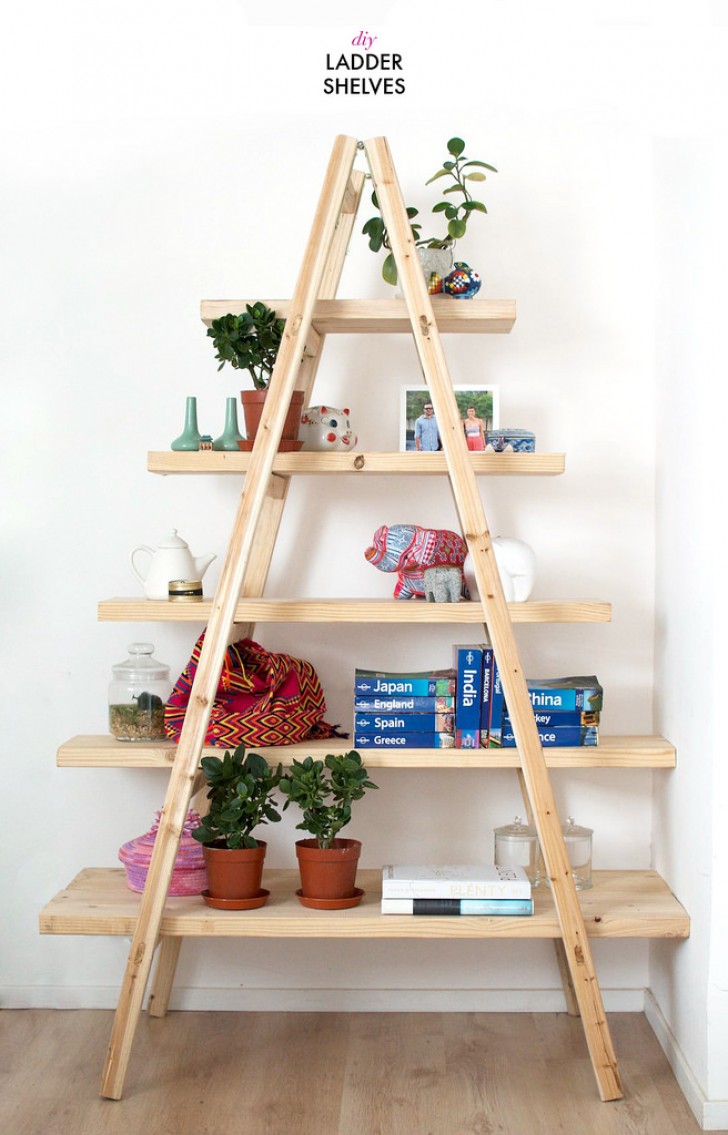 3. Halfway between a bookshelf and a ladder --- this piece of furniture is made with pieces of wood cut to size.