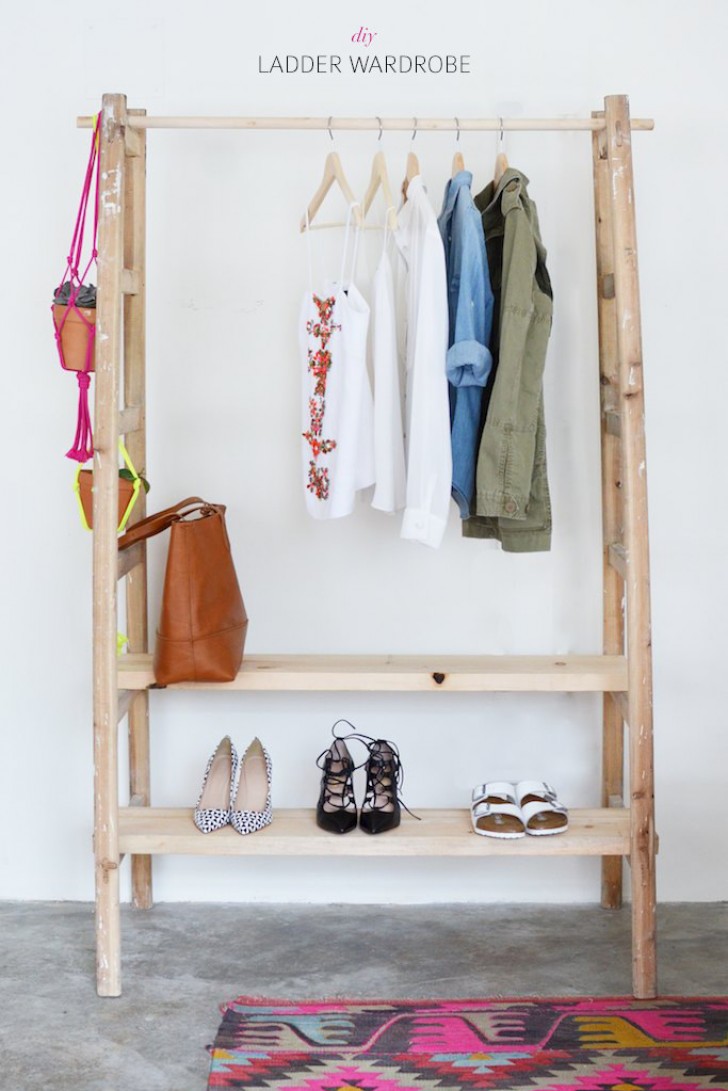 6. Two very common ladders and a few shelves can create a spacious wardrobe.