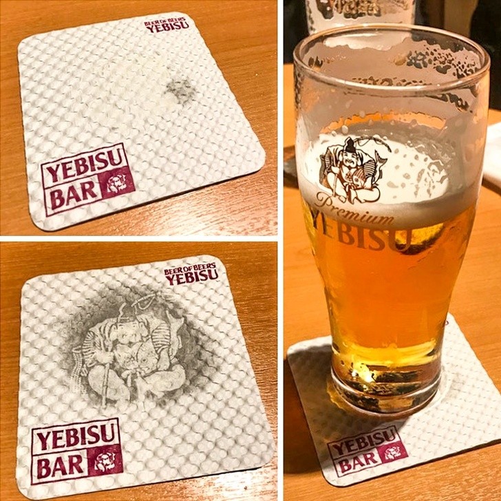 10. A drawing appears on this coaster when it is put in contact with a cold glass.