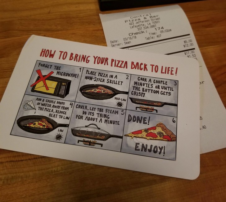 4. Questa pizzeria consegna un bigliettino contenente le istruzioni per scaldare la pizza a casa, conservandone la qualità.