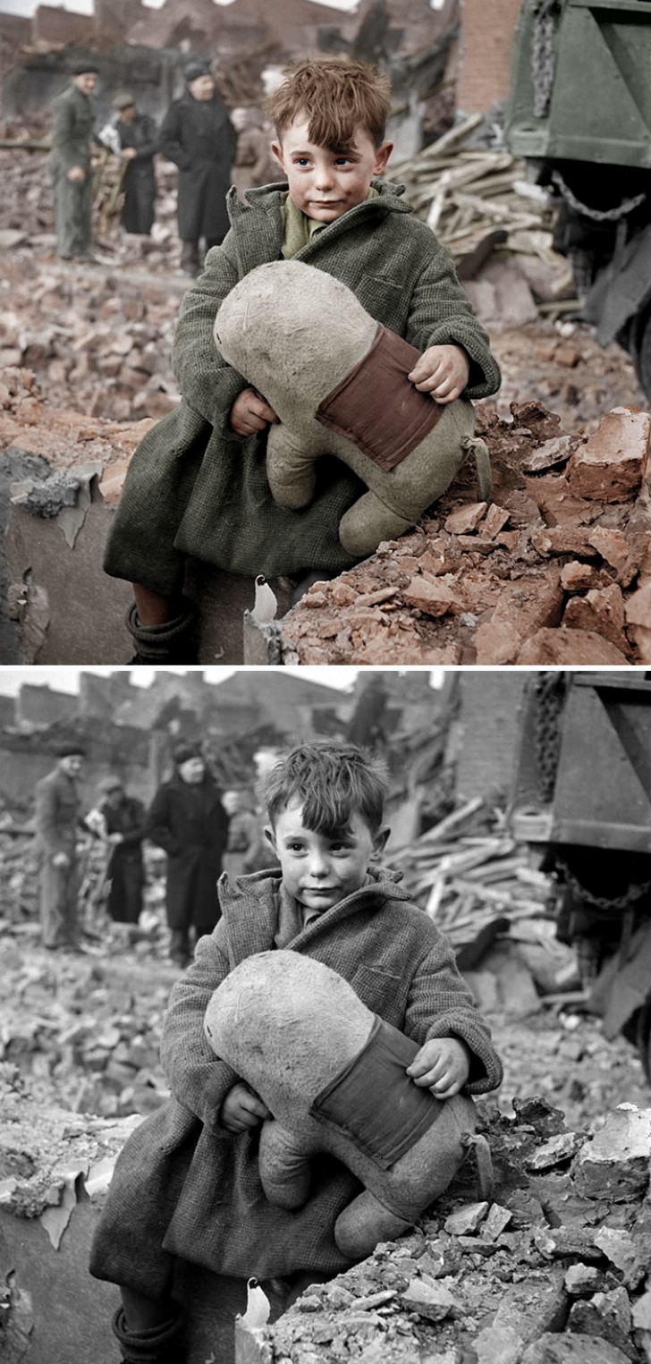 Marina Amaral a également travaillé sur d'autres clichés historiques célèbres. On voit ici le portrait d'un orphelin de guerre (Londres, 1945).
