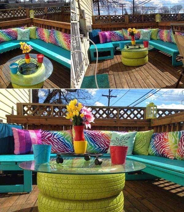 13. Even old painted tires can give personality to your terrace!