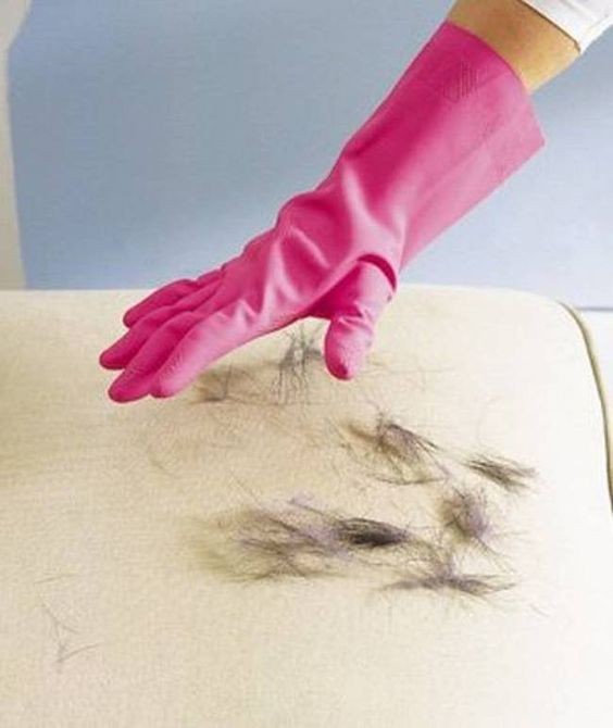 An infallible weapon against pet hair left on fabrics is a simple rubber glove on which you have created "rubber pads" with hot glue is the perfect solution!