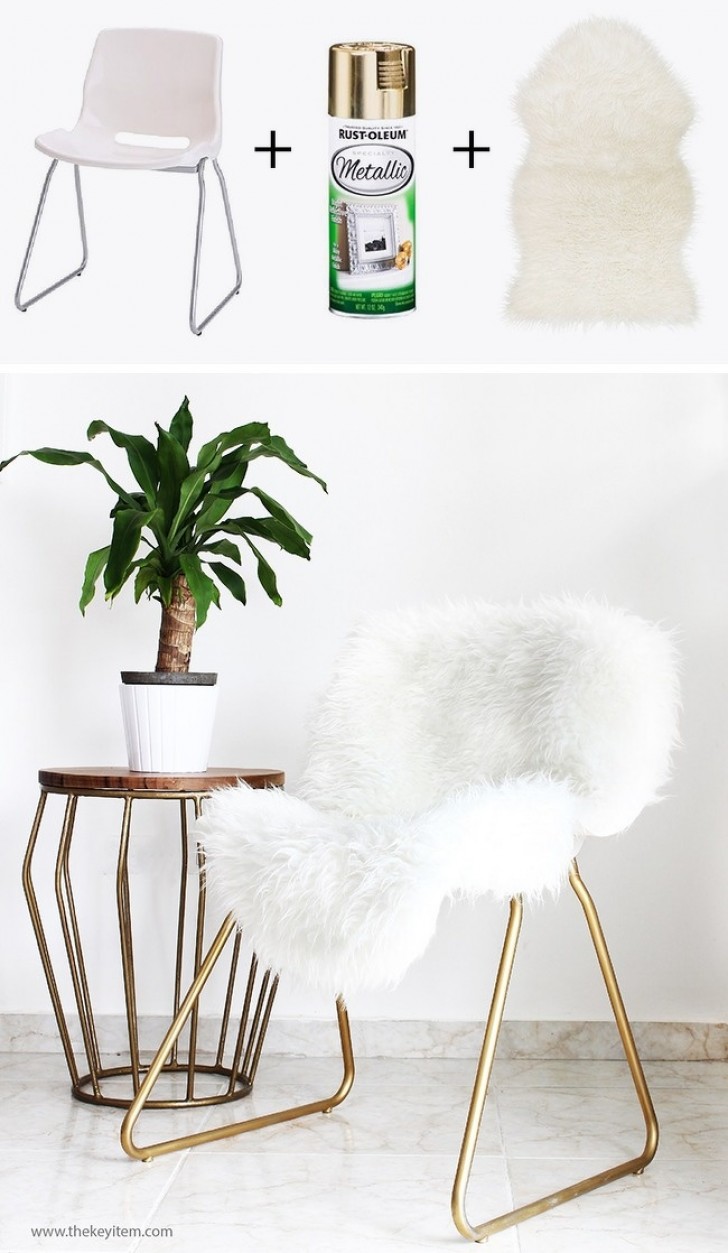 12. Un pezzo di tessuto e una bomboletta spray color oro: ottenere questa sedia molto chic è semplicissimo!