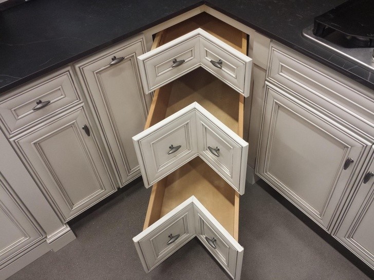 Drawers that make use of the corners of cabinets and counters.