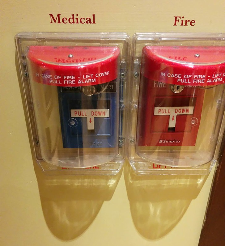 Two different buttons --- one to set off a fire alarm and the other to request the intervention of a doctor.