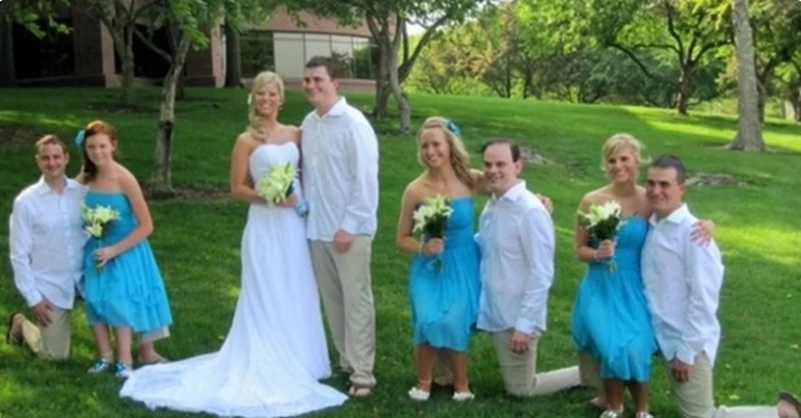 The bridesmaids are sitting on chairs, but the witnesses are kneeling and the effect is that of small women flanked by giants!