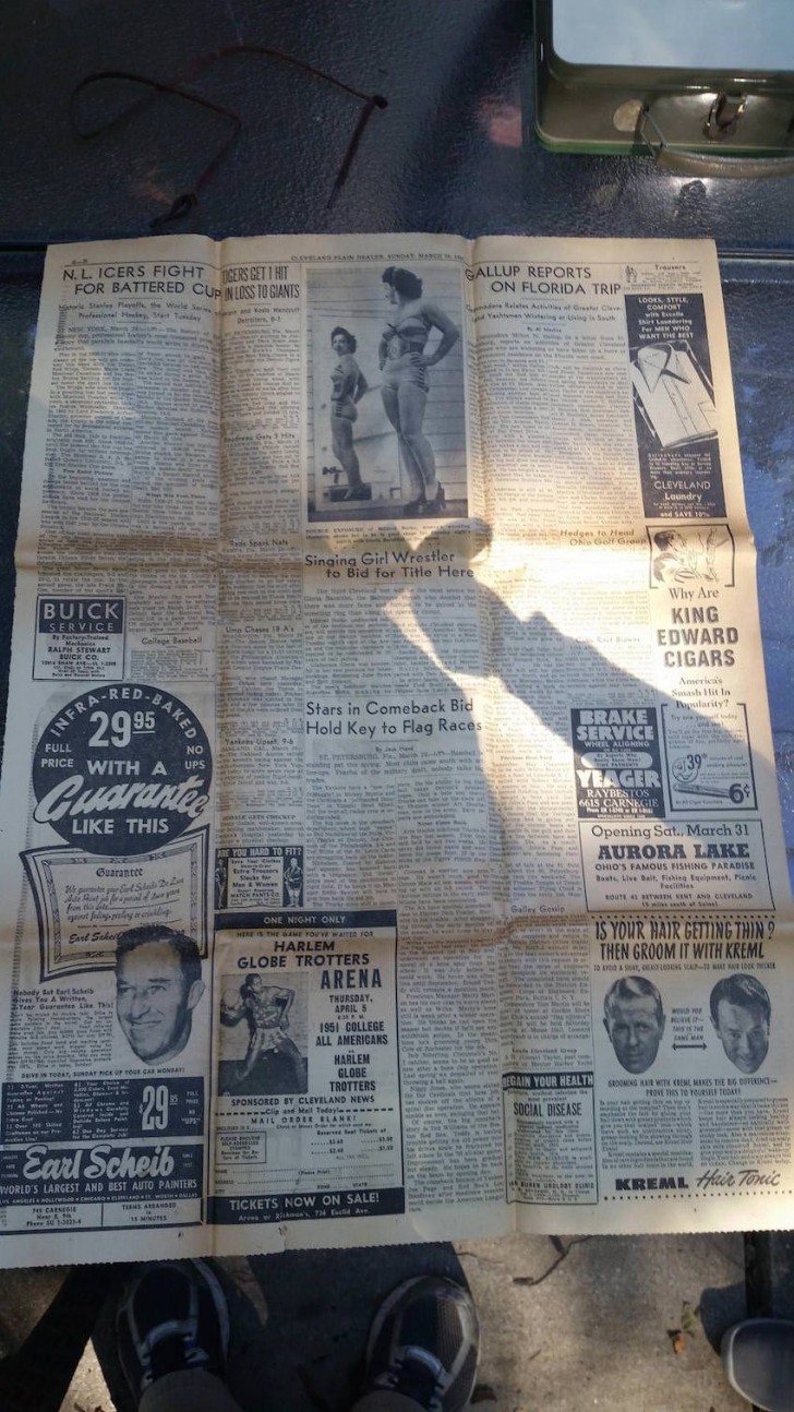 In addition to several packets of waxed paper, there were pages from a newspaper dated March 25, 1951.