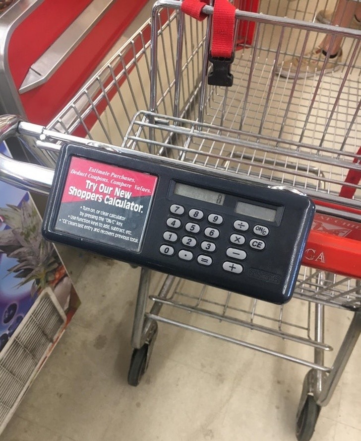 1. A trolley with built-in calculator, for a more cost-conscious shopping