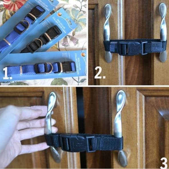 Emergency measures to keep children away from shelves and furniture. Keep the doors and cabinets closed using dog collars.