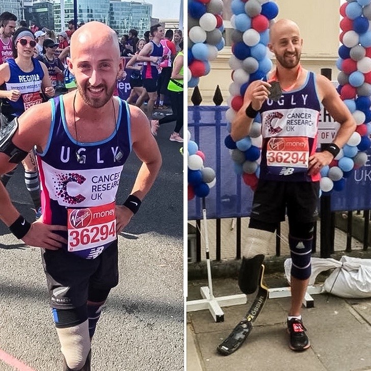 "C'est mon cousin Gareth. Il a perdu sa jambe il y a trois ans à cause d'une tumeur et combat maintenant contre le cancer du poumon. Il est en phase terminale à 26 ans, mais la semaine dernière, il a terminé le marathon de Londres.