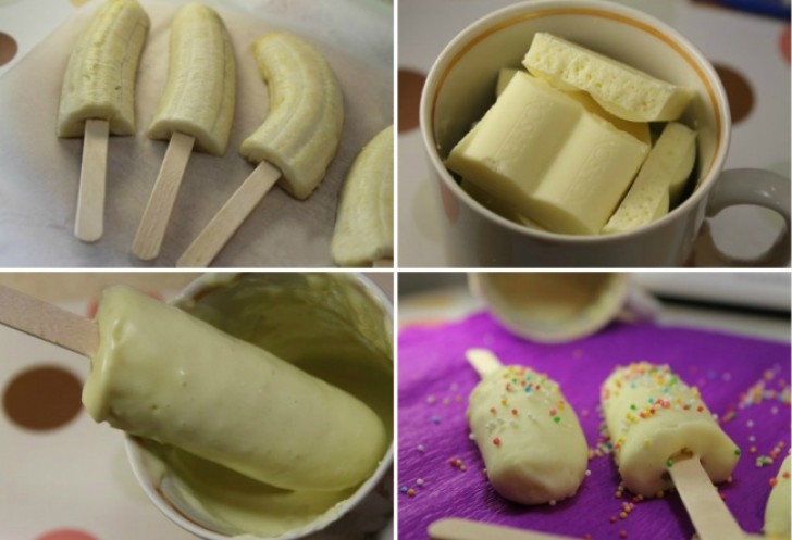 Merenda dolce con banane surgelate ricoperte di cioccolata bianca e praline di zucchero colorate: abbiamo già l'acquolina in bocca!
