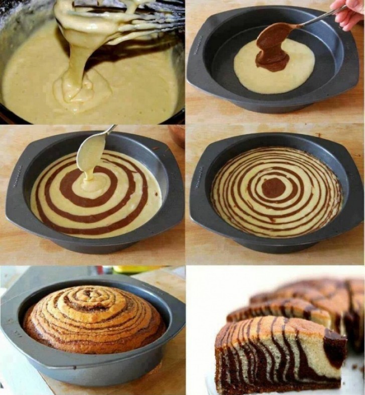 Astuce pour faire un gâteau moelleux avec un motif zébré : il suffit d'alterner les deux crèmes lorsque vous les versez dans le récipient pour la cuisson !