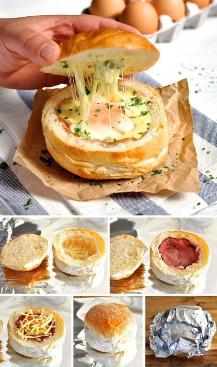 The tastiest stuffed sandwich you've ever seen! Use a bread bowl (a bun) as the base, cheese shavings, and an egg, all to be baked in aluminum foil for a few minutes!