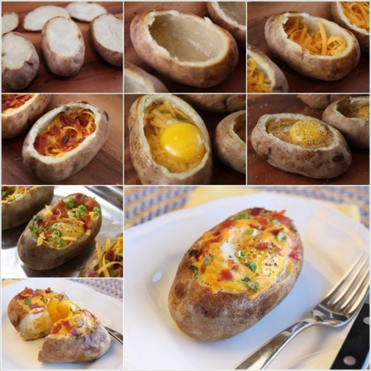 Bateaux de pommes de terre (déjà cuits) farcis d’œufs et de fromage : un plat différent et TRES savoureux !