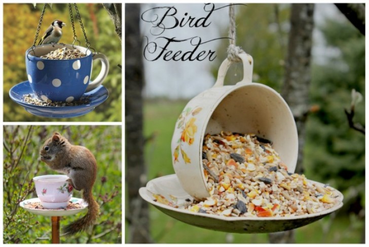1. Old worn cups can become elegant outdoor food trays for birds and small wild animals.