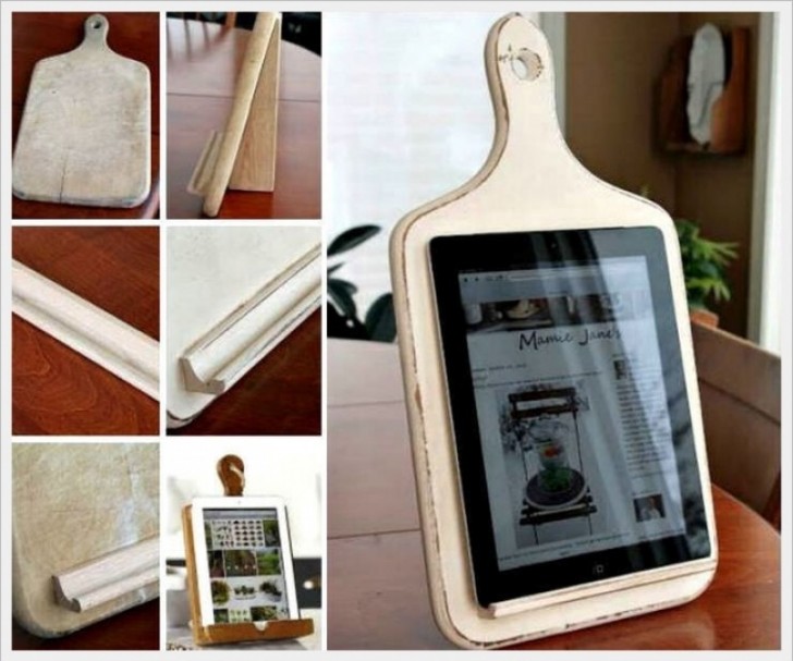 13. There is a mix of ancient and modern in this wooden cutting board that has been transformed into a tablet holder!