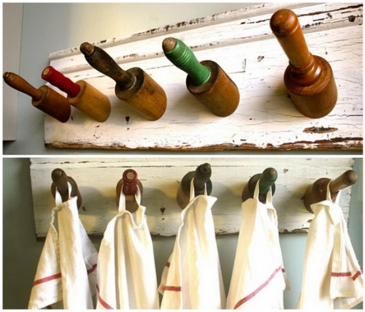17. What if you used themed rolling pins to hang aprons and dishcloths in the kitchen?