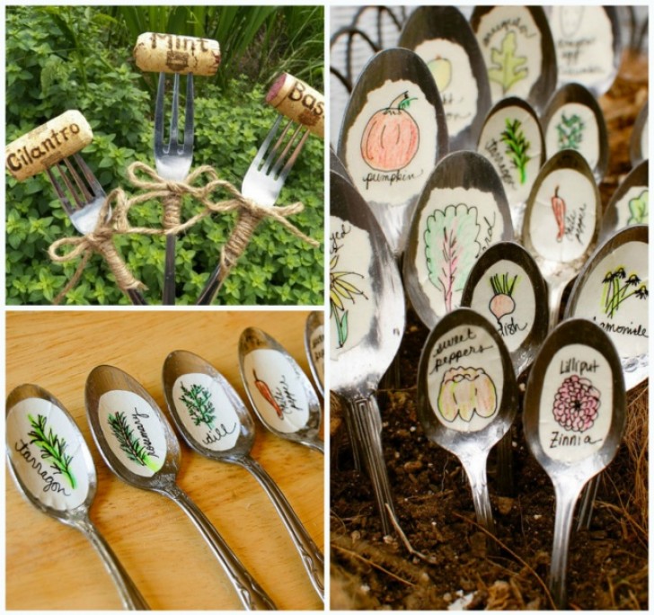 5. A nice way to indicate what seeds have been planted --- but not only -- is to make labels with the names, stick them on the cutlery, and stick them in the plant holders or the ground!