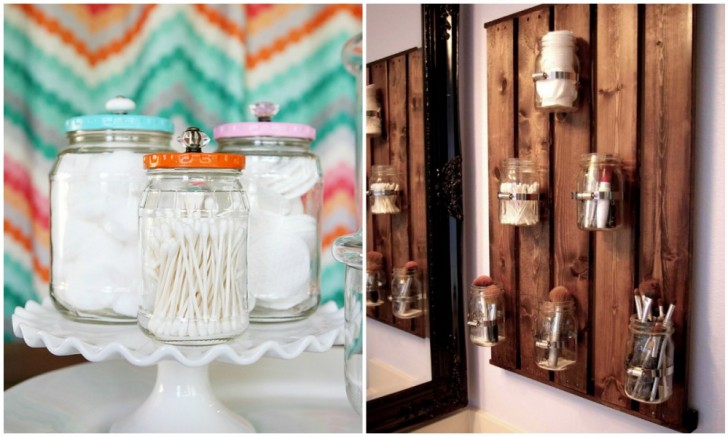 13. Glass jars are excellent containers for the bathroom. You can also hang them on the wall or on the bathroom door and furniture.