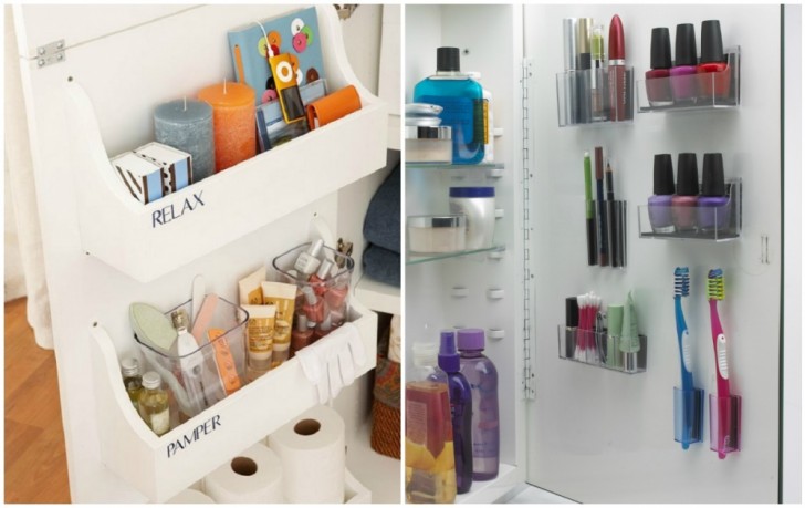 2. Use the inside of bathroom cabinet doors to hang or store small items and tools.