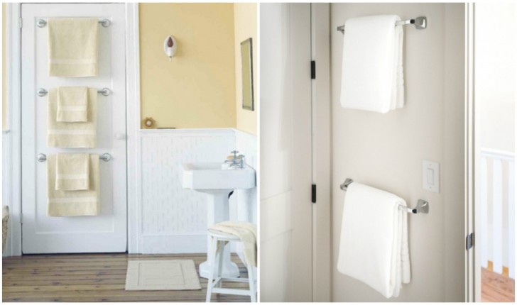 3. Apply hooks and towel hanging rods at various heights on the bathroom door and on the wall, to hang all the towels you want.