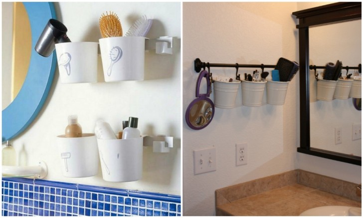 4. Hang a row of small buckets on the wall, perhaps near the mirror, to store brushes, hair dryer, and everything needed for your makeup.