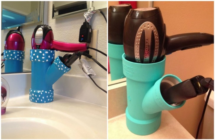 7. Use a PVC pipe, maybe even repainted --- as a hair dryer, straightener, and curling iron holder! 