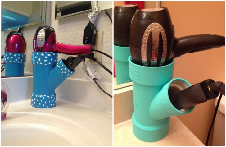 7. Use a PVC pipe, maybe even repainted --- as a hair dryer, straightener, and curling iron holder!