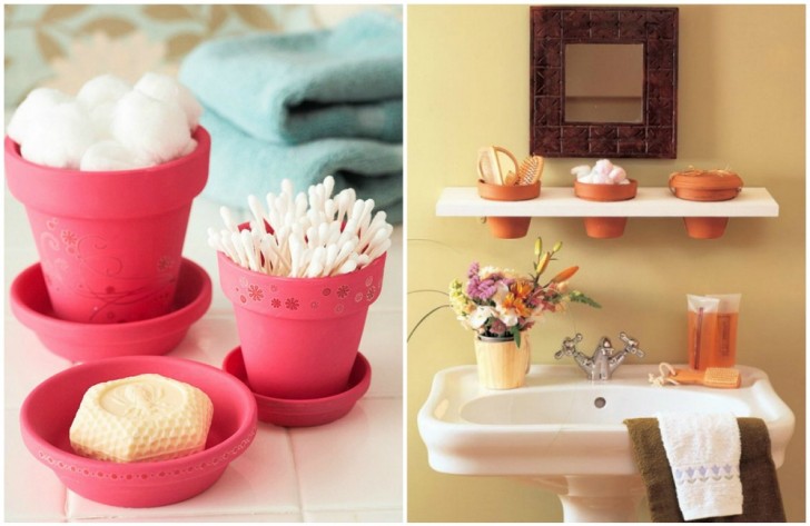 8. Turn flower pots into storage containers for bathroom articles.