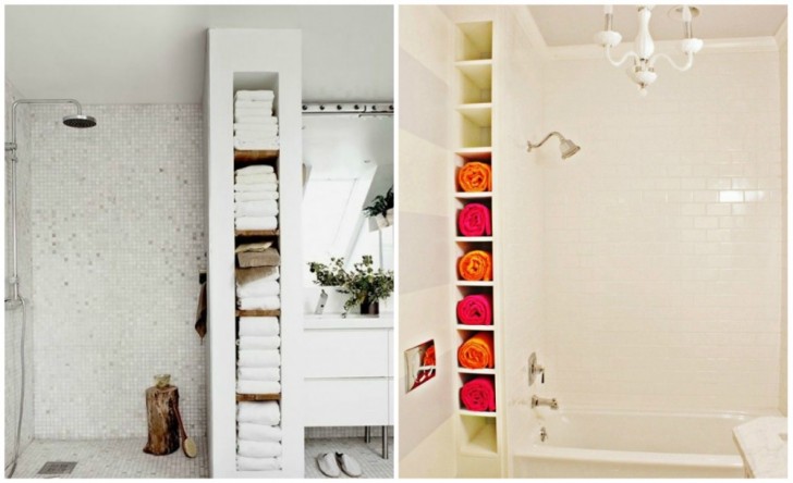 9. Take advantage of a niche in the bathroom to create an open towel cabinet.