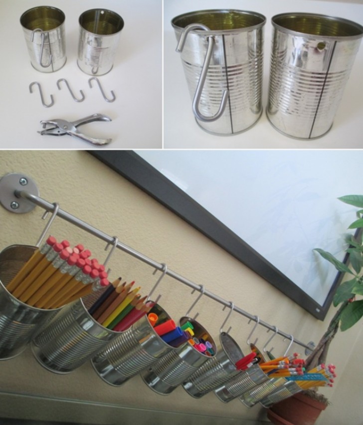 7. Here is a similar solution, but hanging cans (with hooks), also allows you to move them around as you wish.