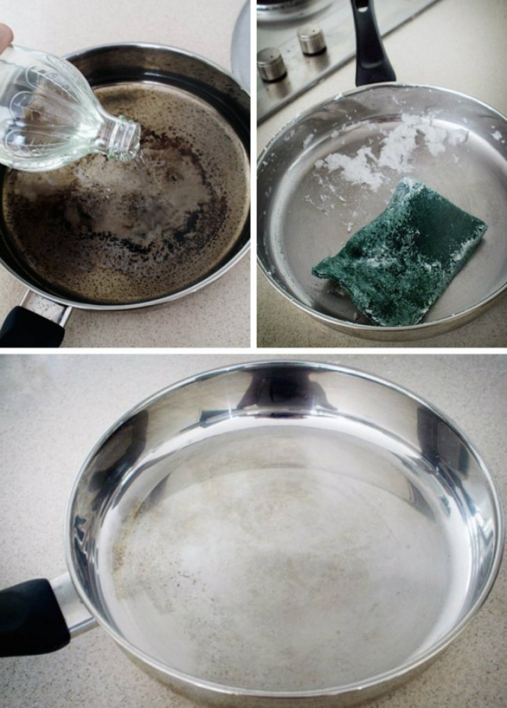 Per lavare una padella bruciata, aggiungete un po' d'acqua e di aceto: portate ad ebollizione, spegnete il gas e versate un po' di bicarbonato di sodio. Attendete che la reazione termini, poi gettate via l'acqua.