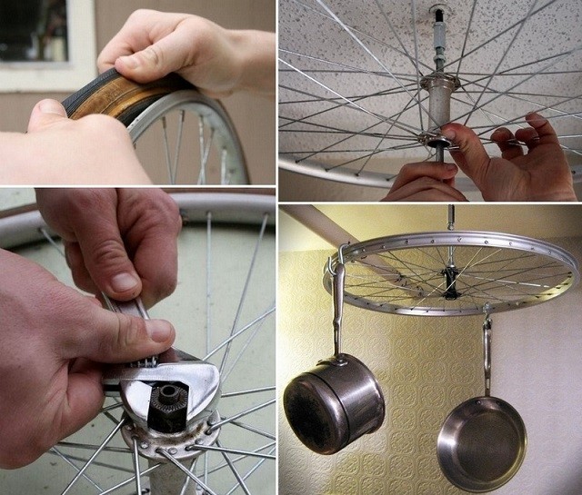 4. From a bicycle wheel to novel kitchen decor used to hang pots and pans!