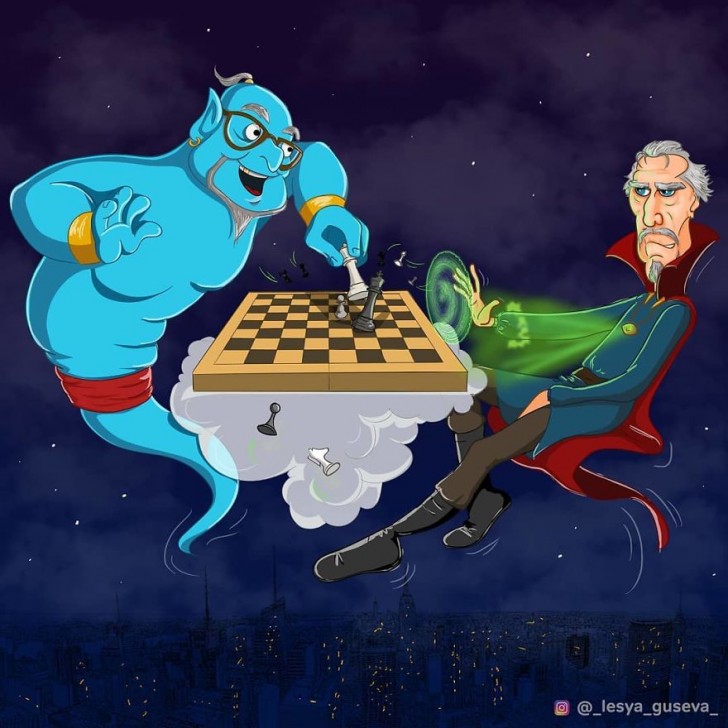 12. Génie et Doctor Strange jouent aux échecs.