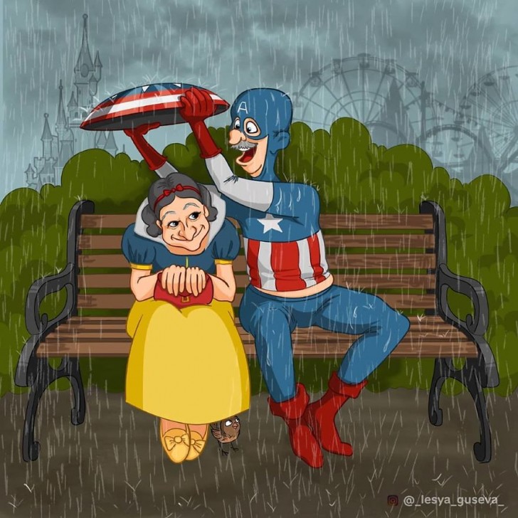 13. Blanche-Neige et Captain America tombent amoureux sous la pluie.