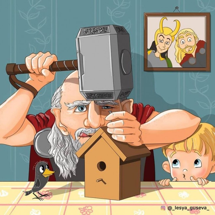 5. Grand-père Thor utilise son puissant marteau pour construire une cabane à oiseaux avec sa petite-fille.