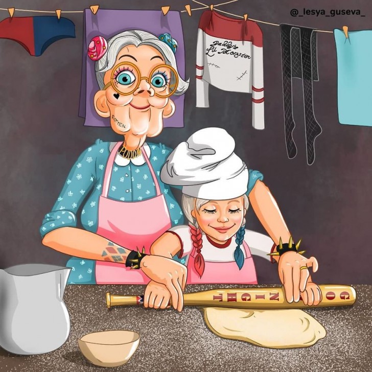 7. Harley Quinn prépare des gâteaux avec sa petite-fille.
