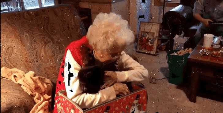 14. "Grand-mère déballe son cadeau de Noël."