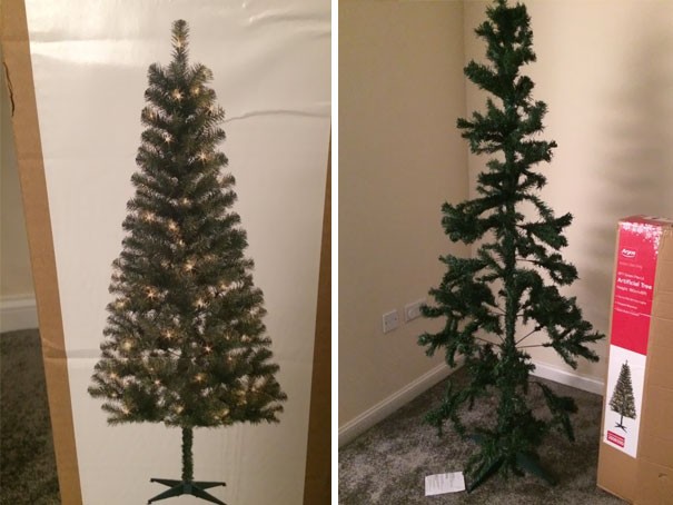 This synthetic Christmas tree will need to be loaded with decorations, to make it look at least vaguely attractive!