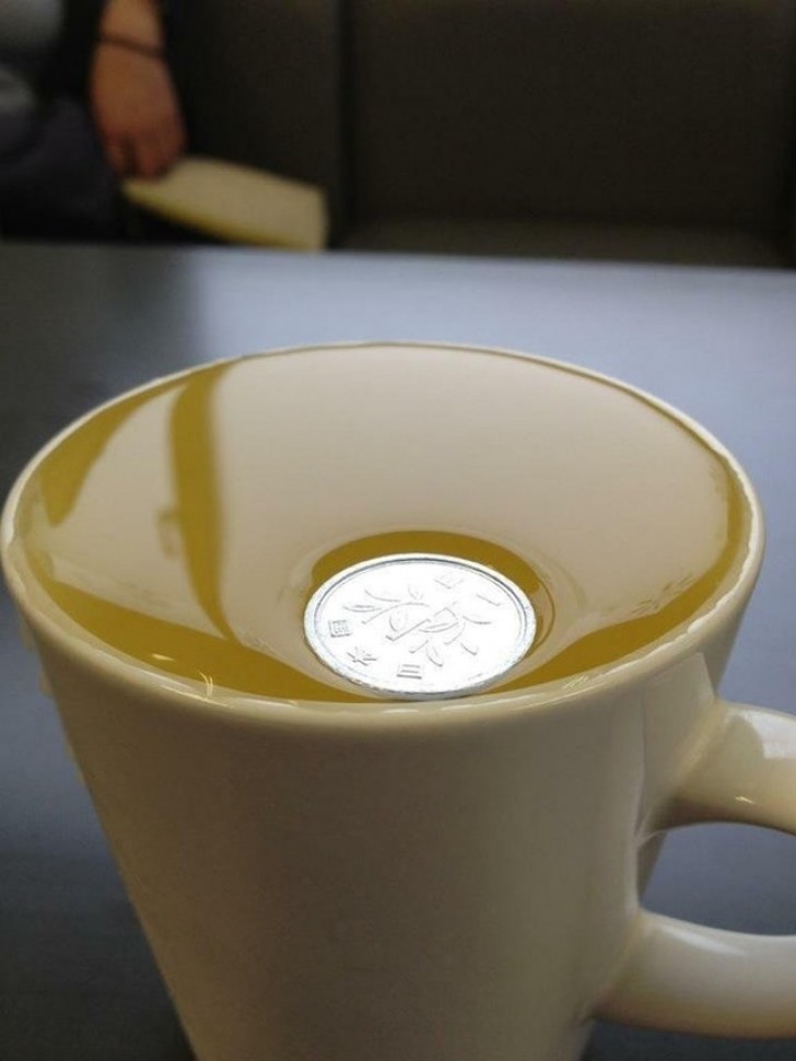The 1 yen Japanese coin is so lightweight that it does not even break the surface tension of water!