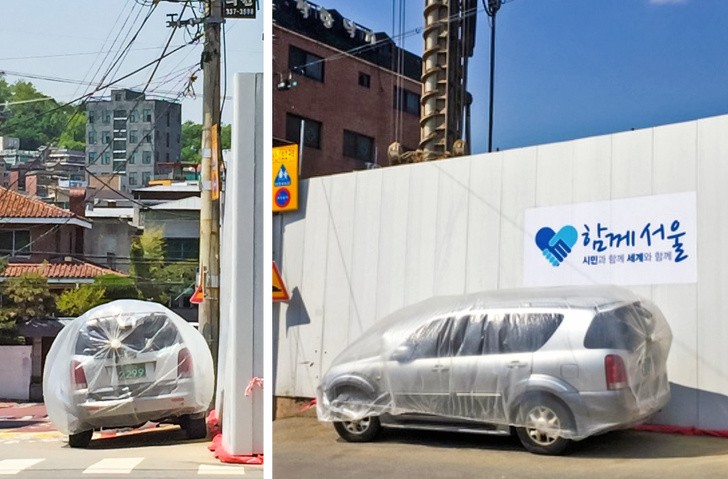 24. En Corea los obreros usan esta gentileza para proteger los autos del polvo que se levanta.