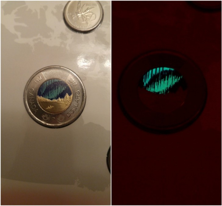 Die kanadische 2-Dollar-Münze leuchtet im Dunkeln.