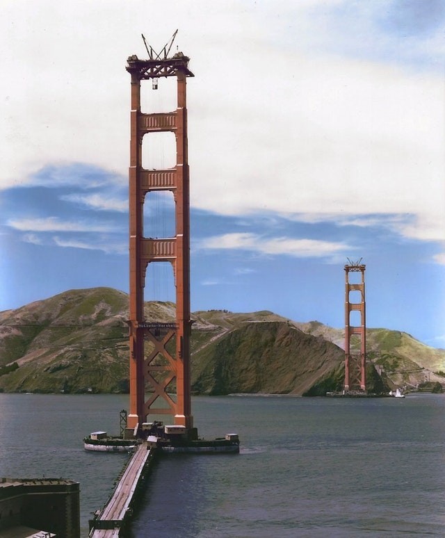 7. The construction of the Golden Gate Bridge in 1934.