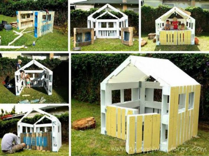 14. A children's wooden pallet garden playhouse.