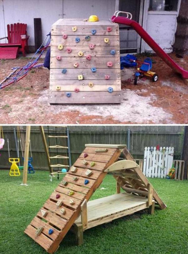 19. A backyard wooden pallet climbing and obstacle course for kids.
