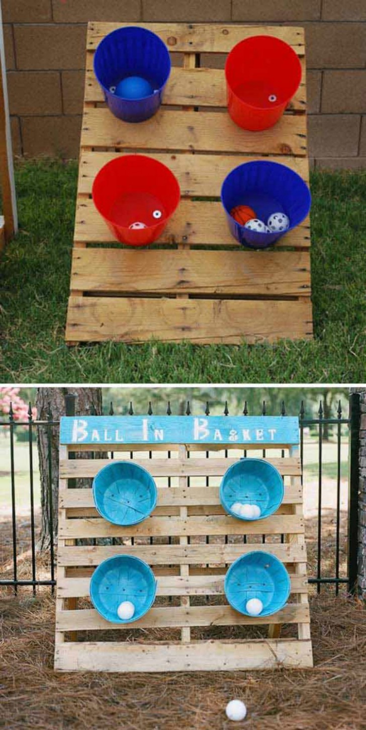 3. A wooden pallet platform set up for "Bucket Ball"!