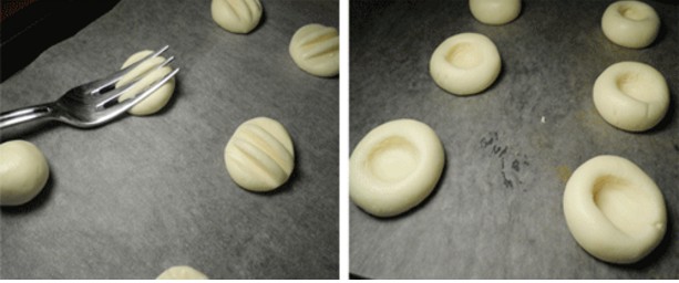3. Formate delle palline con la pasta ottenuta e decorate la superficie con l'aiuto di una forchetta. Oppure fate un buco per la marmellata.